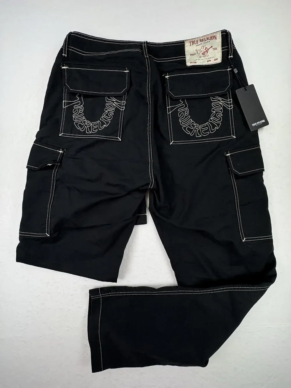 True Religion Cargo Pants Mens 32x31 Black Canvas Embroidered Logo Streetwear